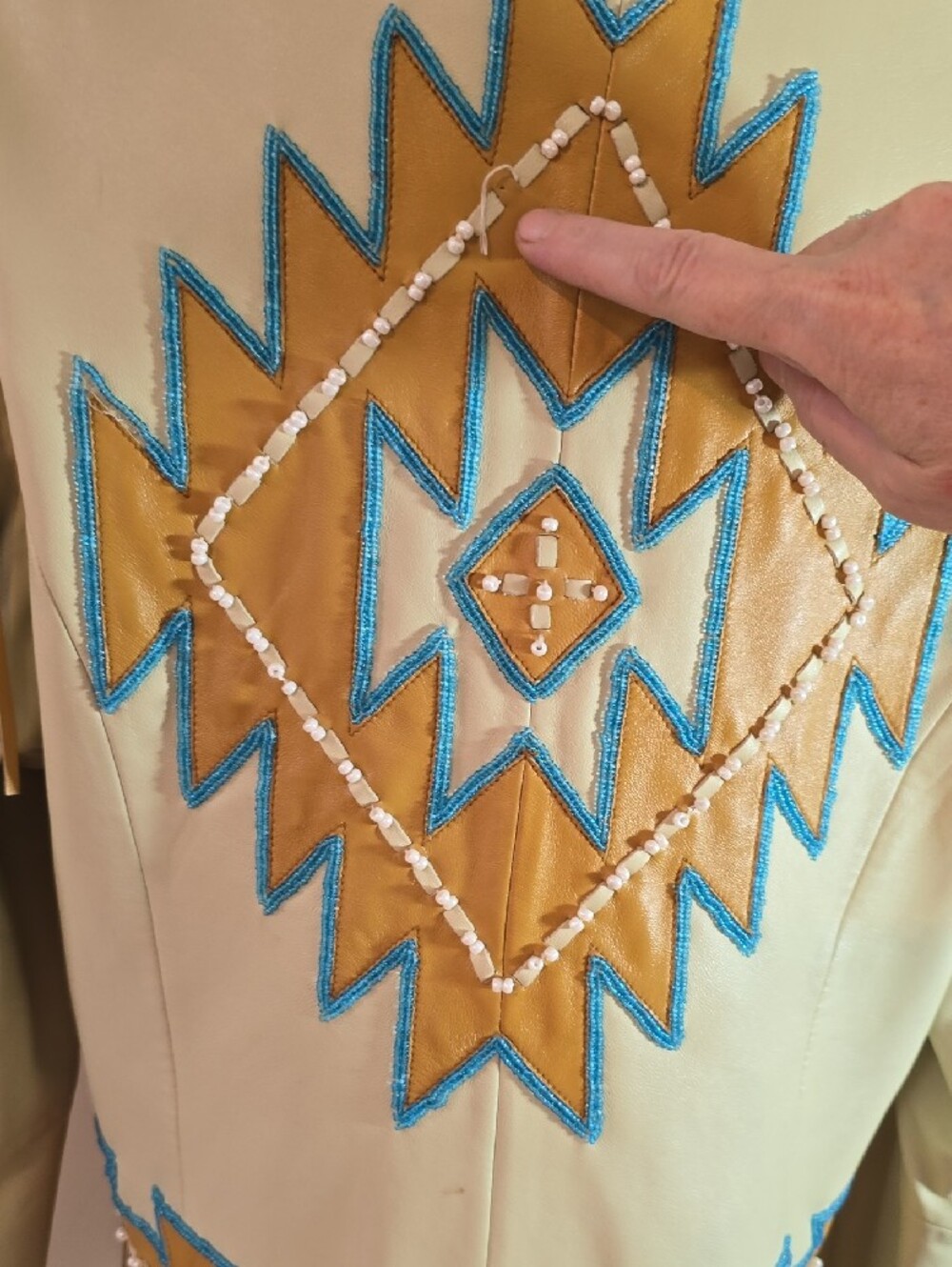 Fringed Pale Yellow Faux Leather Jacket with Turquoise Trim - Picture 12 of 15